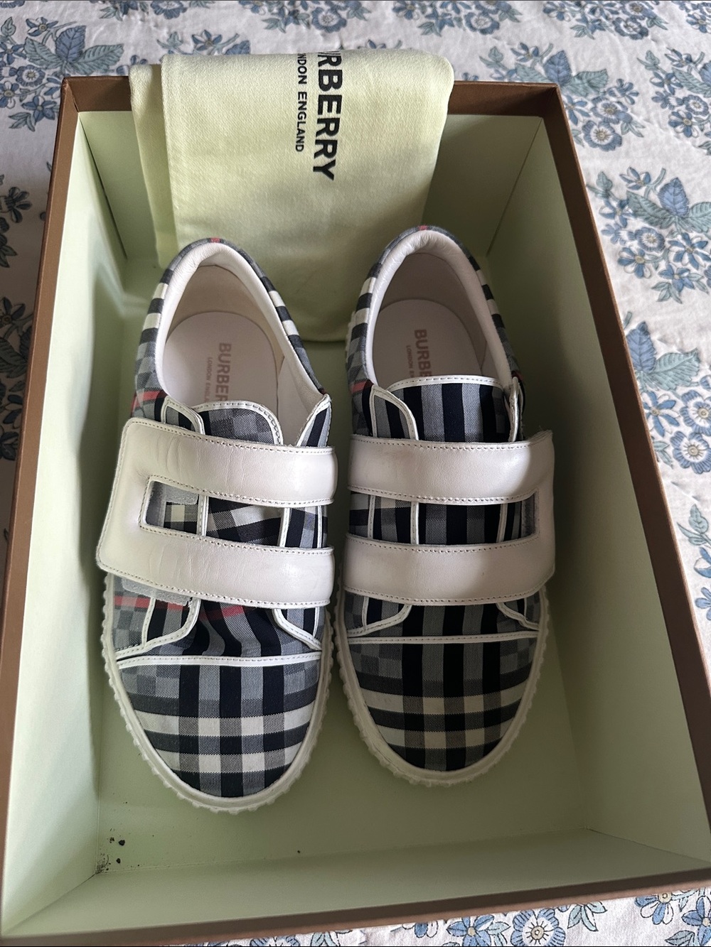 Burberry Black and White Check Kids Velcro Sneakers